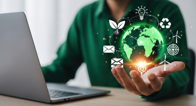 A person in a green shirt holds a glowing green globe icon with environmental symbols. Beside a laptop, illustrating eco-friendly technology and sustainable innovation. - Powered by Adobe