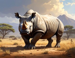 Fototapeta premium Large rhino stands in a grassy savanna with trees and mountain backdrop
