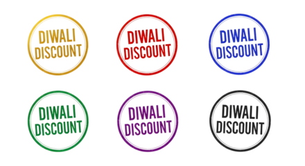 Six colorful grunge stamp icons featuring Diwali Discount text on a transparent background