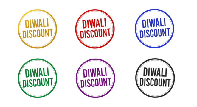 Six colorful grunge stamp icons featuring Diwali Discount text on a transparent background - Powered by Adobe