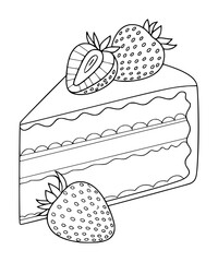 A slice of cake with strawberries, perfect for coloring pages