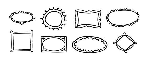 Doodled picture frame set. Hand drawn photo and image gallery border collection. 8 scribbled art frame layout composition.Memory wall arrangement idea. Sketched mood board collage template. Vector