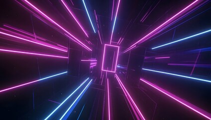 Dynamic journey through a vibrant neon light tunnel in a futuristic digital space