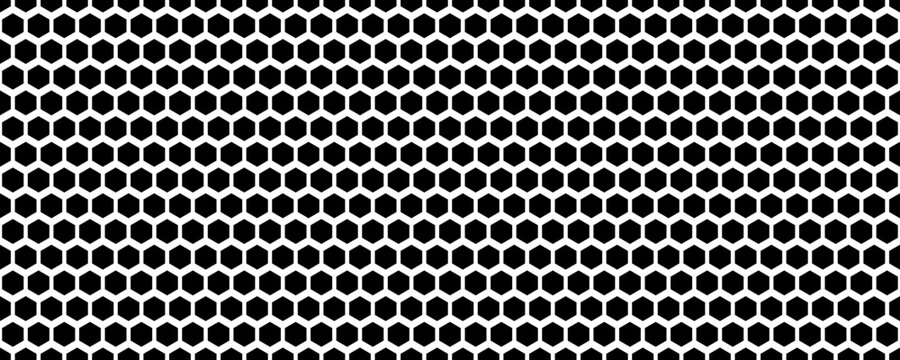 Black seamless hexagon pattern. Repeating honeycomb texture background. Geometric hexagonal halftone tech overlay backdrop. Abstract repeated hex texture. Vector retro technology dot wallpaper