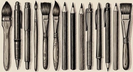 Detailed Pencil Sketch of Assorted Drawing and Painting Supplies: Brushes, Pens, and Graphite Pencils Arranged in a Row