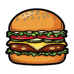 Delicious burger with lettuce tomato cheese and pickles silhouette isolated on white background