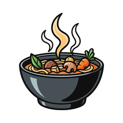 Steaming bowl of noodle soup with vegetables and meatballs isolated on white background silhouette