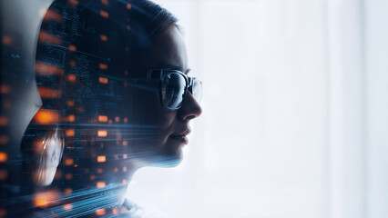 Double exposure portrait of a woman in sunglasses with digital data overlay, futuristic technology concept