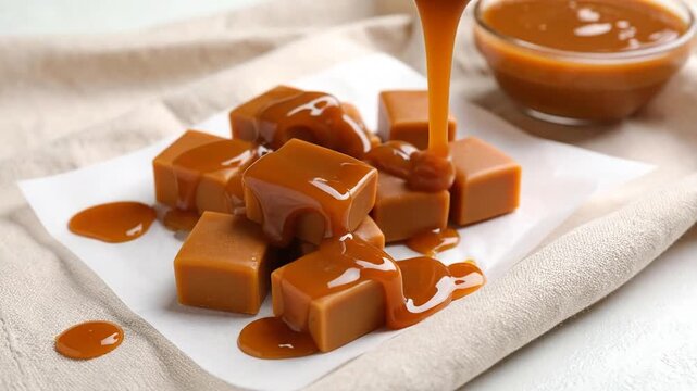 Delicious Caramel Sauce Pouring Over Cubed Caramel Candies