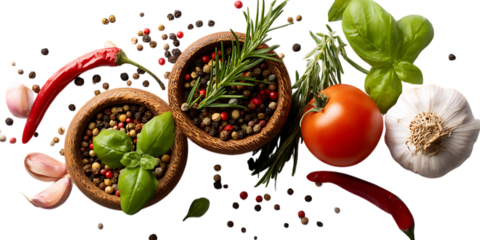 Colorful Easter eggs with fresh vegetables and flowers arranged on a clean bright background