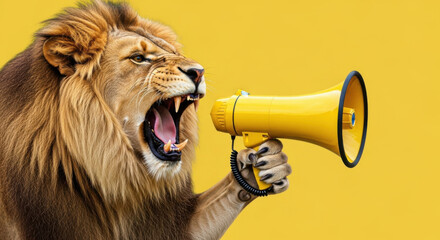 A roaring lion holds a vibrant yellow megaphone against a matching yellow background, conveying a bold and powerful message with strong visual impact. 