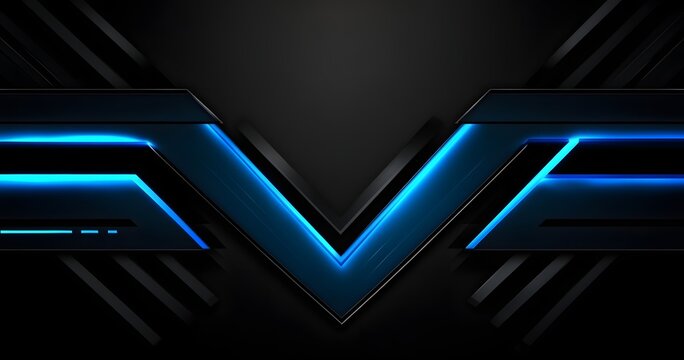 Symmetrical abstract futuristic background with glowing blue neon light lines and dark geometric shapes - Powered by Adobe