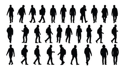 a collection of diverse human figures depicted in various walking and standing poses shown as a stark silhouette