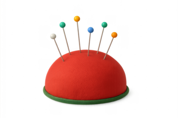 Red pincushion holding colorful sewing pins with transparent background