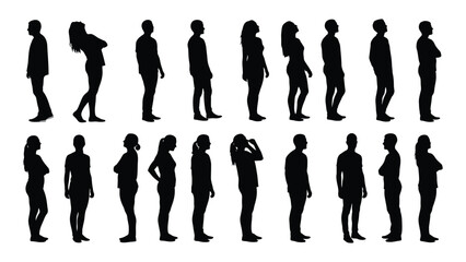 a collection of diverse human figures standing in various poses depicted as a striking black silhouette