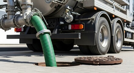 Green hose connected to a vacuum truck for efficient waste removal and sanitation services.