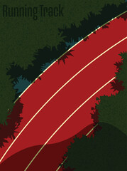 An aerial top view of a running track field with shady trees  