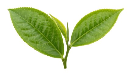 Fresh vibrant green tea leaves isolated on white, symbolizing natural health and organic beverage
