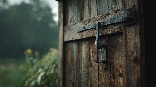 hasp. Weathered barn door with a heavy metal hasp swaying in a rainy atmosphere. real-estate listings, architecture portfolios, designed for architectural facade and classical detail presentations.