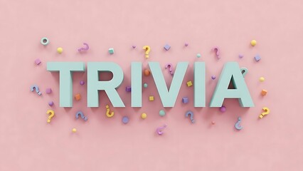 A crisp and modern trivia visual designed with enlarged 3D “TRIVIA” letters positioned on a pastel retro pink backdrop, enhanced with tiny floating question particles.