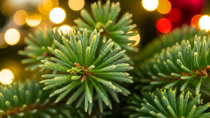 Macro Close-up of Pine Needles and Bokeh Lights