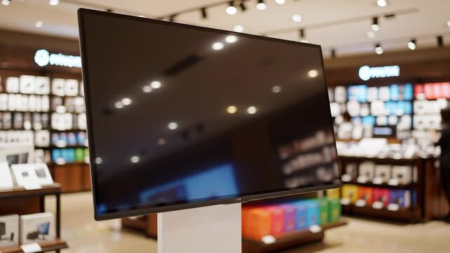 Flat Screen TV Display in Retail Store - A flat screen television is displayed in a well-lit retail store, likely for sale.