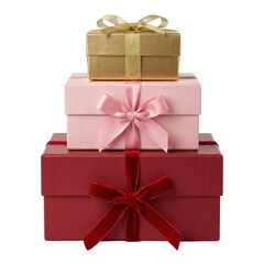 Stack of three elegant red pink and gold gift boxes