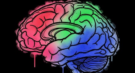 Abstract Neuro Graffiti: Hand-Drawn Brain Illustration with Neon RGB Gradient and Paint Drips on Black