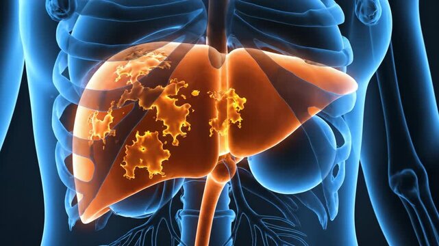 Liver Disease Visualization - This video shows a 3D video of a human torso with visible bones and internal organs.