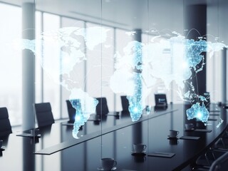 Global Business Meeting Room with Holographic World Map Projection.
