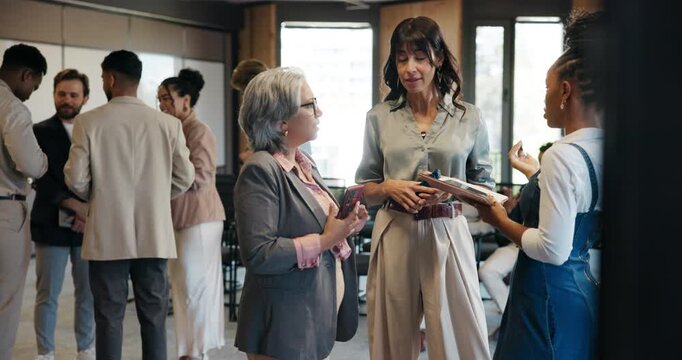 Meeting, coaching and conference with business people at expo for discussion, public speaking coach and feedback. Tradeshow, corporate training and leadership workshop with employees in lobby