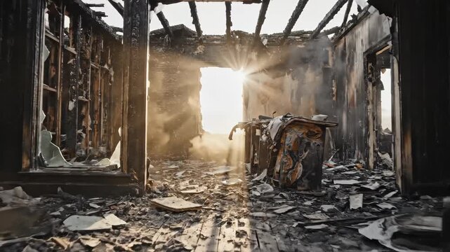 Aftermath of a House Fire - This video depicts the interior of a house severely damaged by a fire, with charred walls, debris scattered on the floor, and the bright sunlight streaming through a