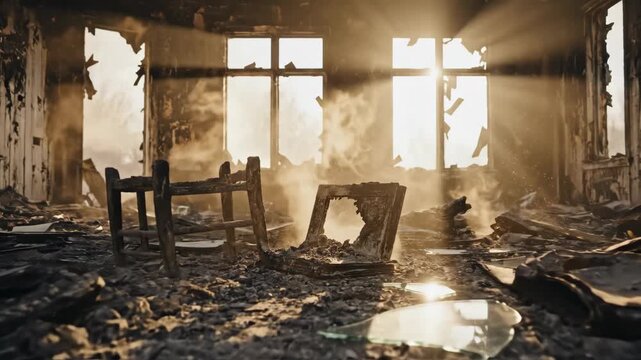 Aftermath of Destruction - This video shows the interior of a burned out building, with debris scattered across the floor and sunlight streaming through shattered windows.