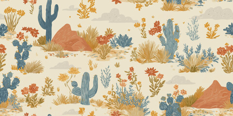 Obraz premium Illustrative desert landscape seamless pattern with cactus, rocks, and wildflowers for fabrics, wallpapers, and trendy southwestern branding