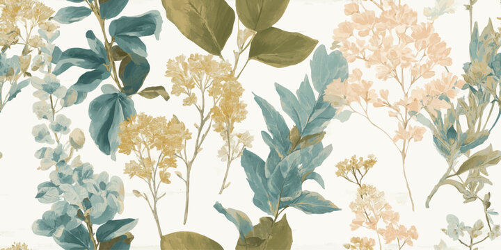 Rich watercolor botanical foliage and flower seamless pattern in dusty blue, green, and mustard for luxury fabrics, wallpapers, and elegant packaging