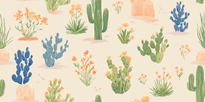 Painted desert cactus and wildflowers seamless pattern in blue and peach for trendy western fabrics, stationery, and bohemian home decor.