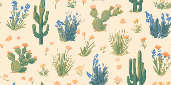 Painted desert cactus and wildflowers seamless pattern in blue and peach for trendy western fabrics, stationery, and bohemian home decor.