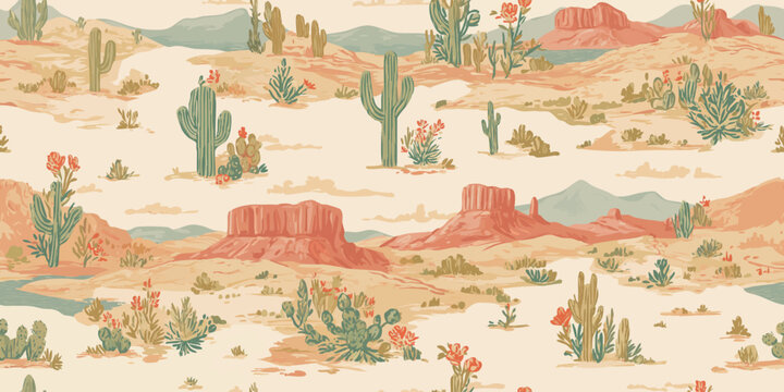 Vibrant illustrated desert landscape seamless pattern featuring red rock mesas, blooming cactus, and sagebrush for fabrics and stylish wallpapers