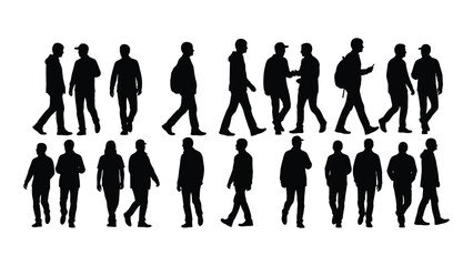a collection of black silhouettes depicting various walking poses and human figures in a dynamic arrangement silhouette