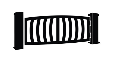 A black and white illustration of a gate with vertical bars a striking silhouette