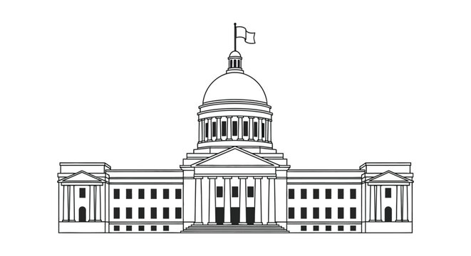 Detailed drawing of a capitol building with a dome and flag a striking silhouette