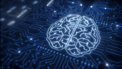 Glowing blue digital brain outline on a dark electronic circuit board background, representing artificial intelligence and machine learning concepts