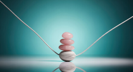 Close-up of a rose quartz and sphere necklace with reflection on blue backdrop. The necklace has a zen and balancing concept with a smooth and clean studio shot.