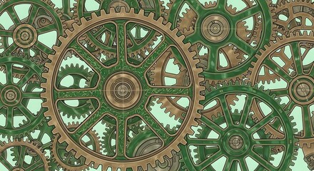 Intricate Steampunk Mechanism Background with Bronze and Patina Green Interlocking Gears and Cogs