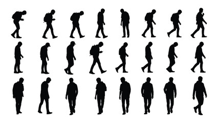 a series of black silhouettes depicting a walking man in different stages of motion and poses silhouette
