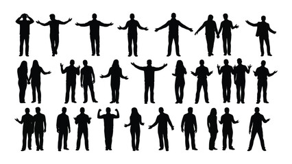 a collection of diverse human figures depicted in black showcasing varied poses and arm positions silhouette