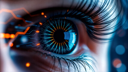 Closeup of a futuristic, cybernetic eye with glowing blue and orange digital patterns in the iris and surrounding area, representing artificial intelligence and technology