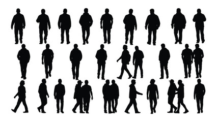 a collection of various black human figure silhouettes depicting people in different poses and groupings against a white background silhouette