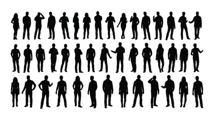 a collection of diverse human figures displayed in a uniform black silhouette style representing people in various poses silhouette