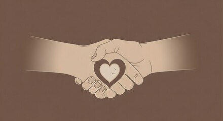 Two hands shaking with a heart symbol in the center, representing connection, love, and unity in a sepia-toned illustration.